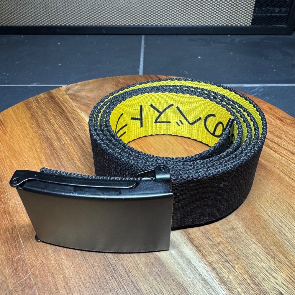 Buckle-Down Mens Web Belt Japanese Text Bottle Opener Buckle Black Yellow 42"